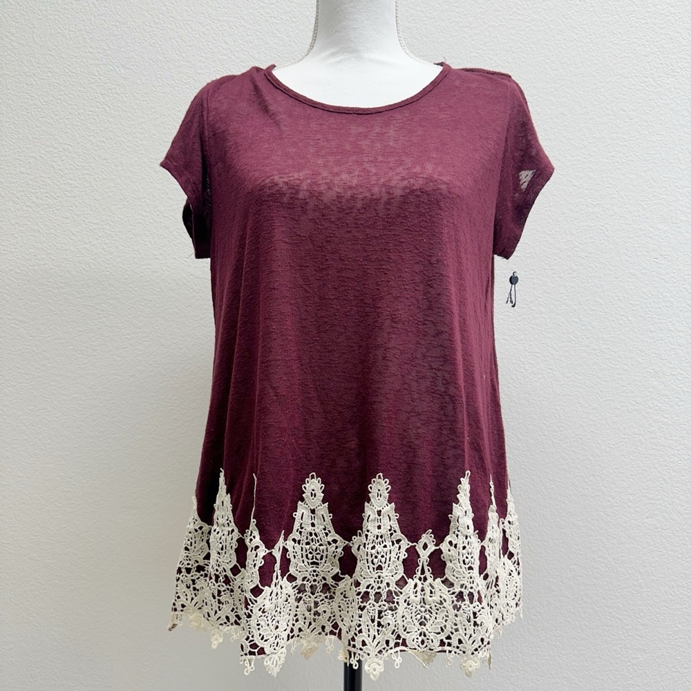 Burgundy Cap Sleeve Knit Top Crochet Hem